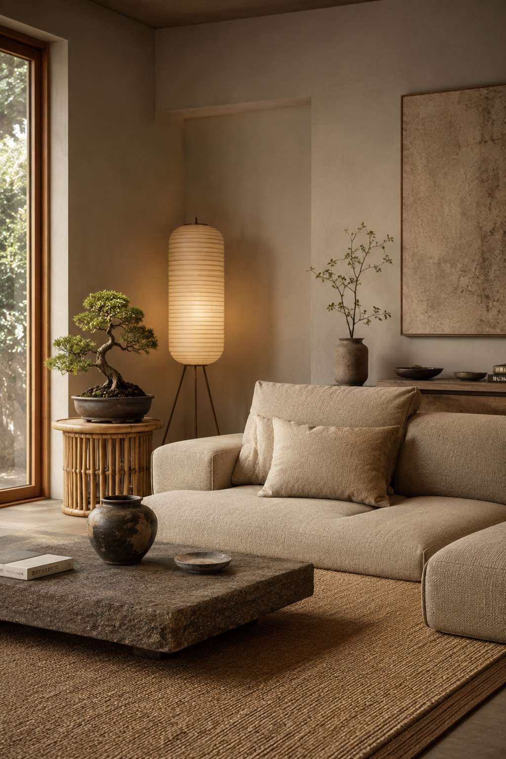 Small Japandi living room with low-profile beige sofa, bamboo side table, and warm natural daylight showing small living room ideas