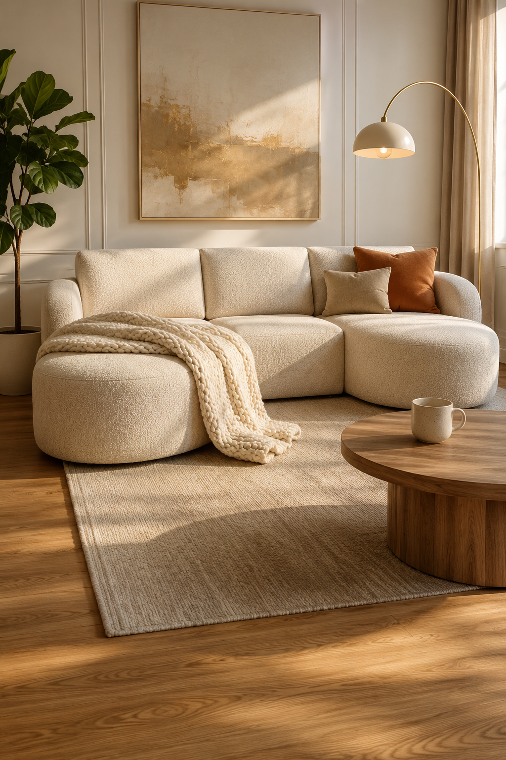 Modern curved sofa living room with warm beige cloud sectional, ottoman, white paneled walls, natural light, and minimal contemporary decor