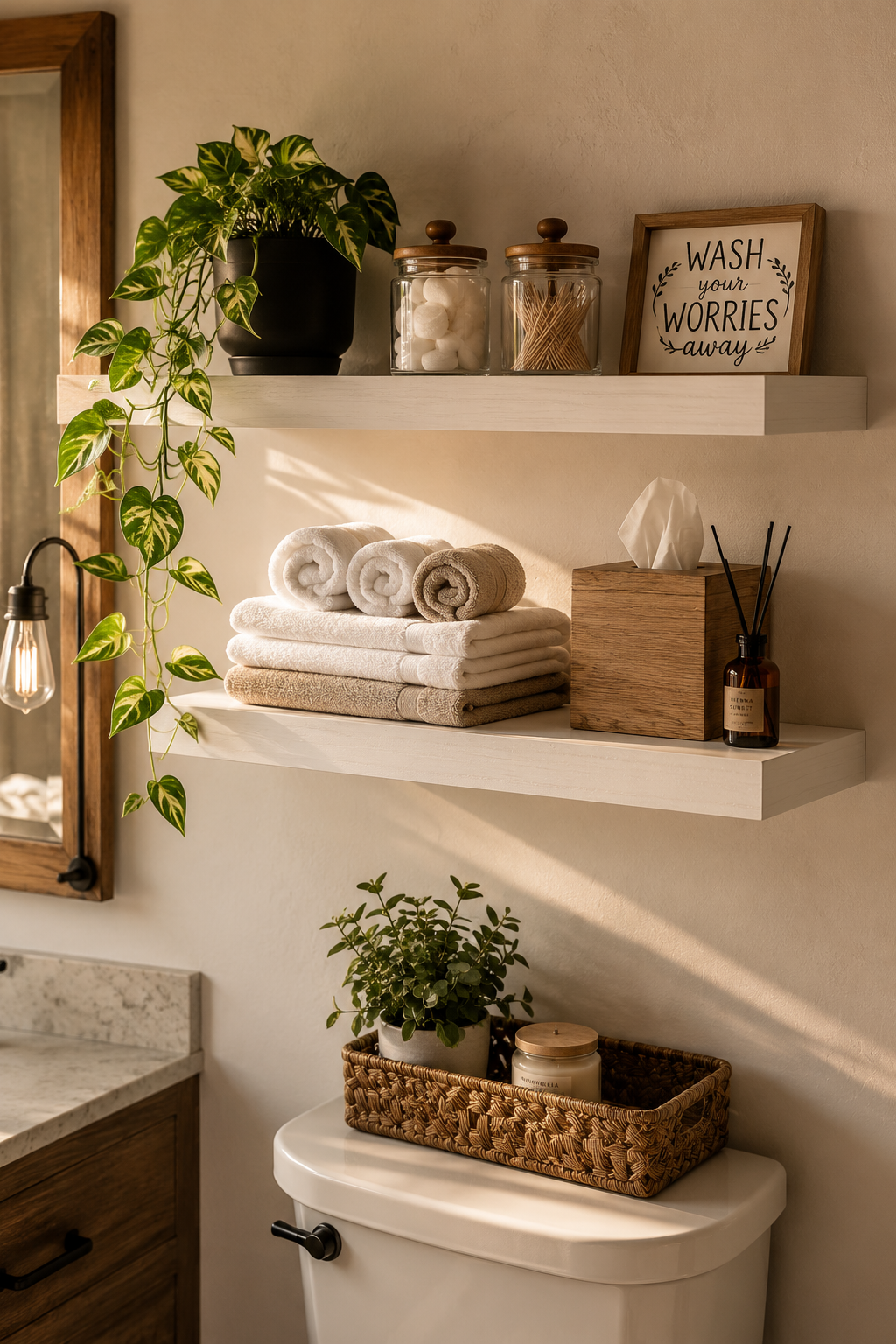 White floating bathroom shelves styled with rolled towels, glass jars, farmhouse signs, and trailing green plants in a bright, cozy bathroom setting with natural wood accents