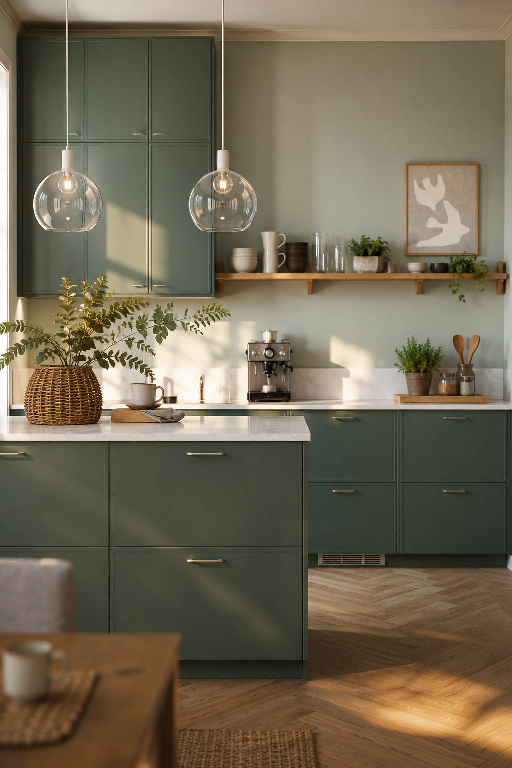 Soft minimalist kitchen with light wood cabinets and warm pendant lighting for calm kitchen
