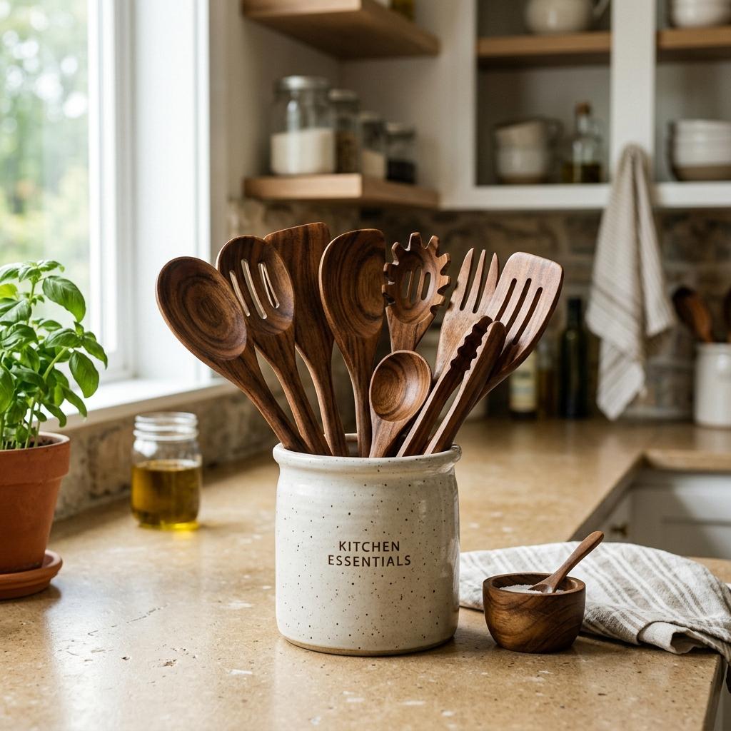 10-piece acacia wood cooking utensil set displayed on a warm neutral kitchen counter with soft natural light, wooden spoons and spatulas arranged in a ceramic crock.