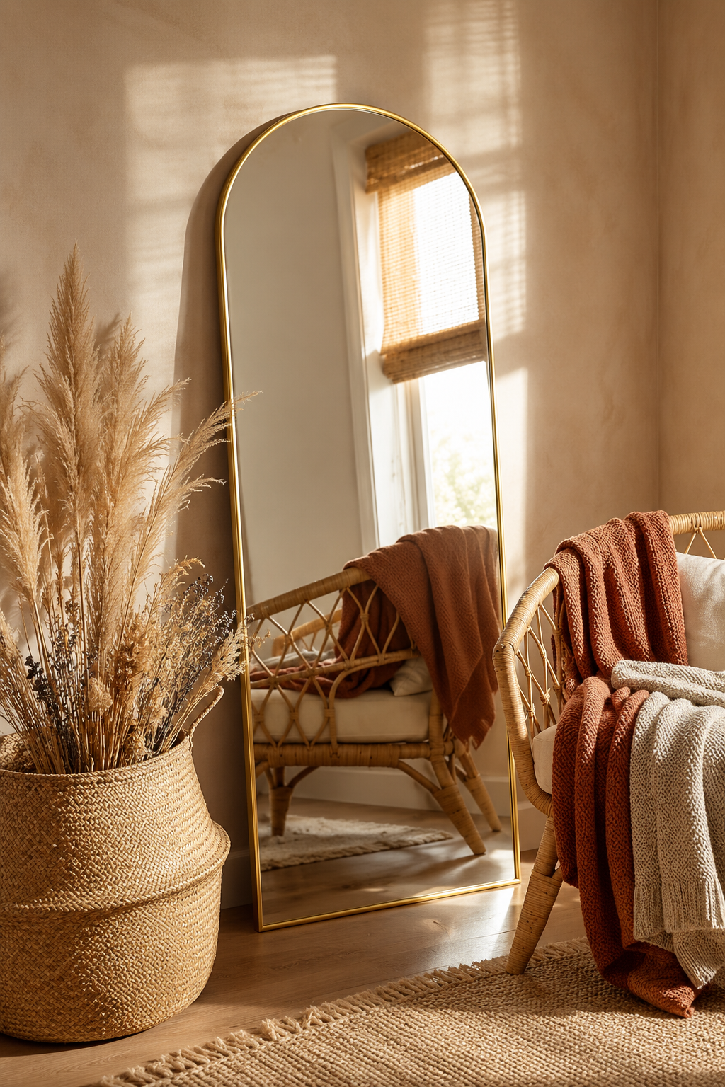 Warm arched gold-frame floor mirror leaning against a beige wall with pampas grass and terracotta throws for five accessories that do the work of a redesign