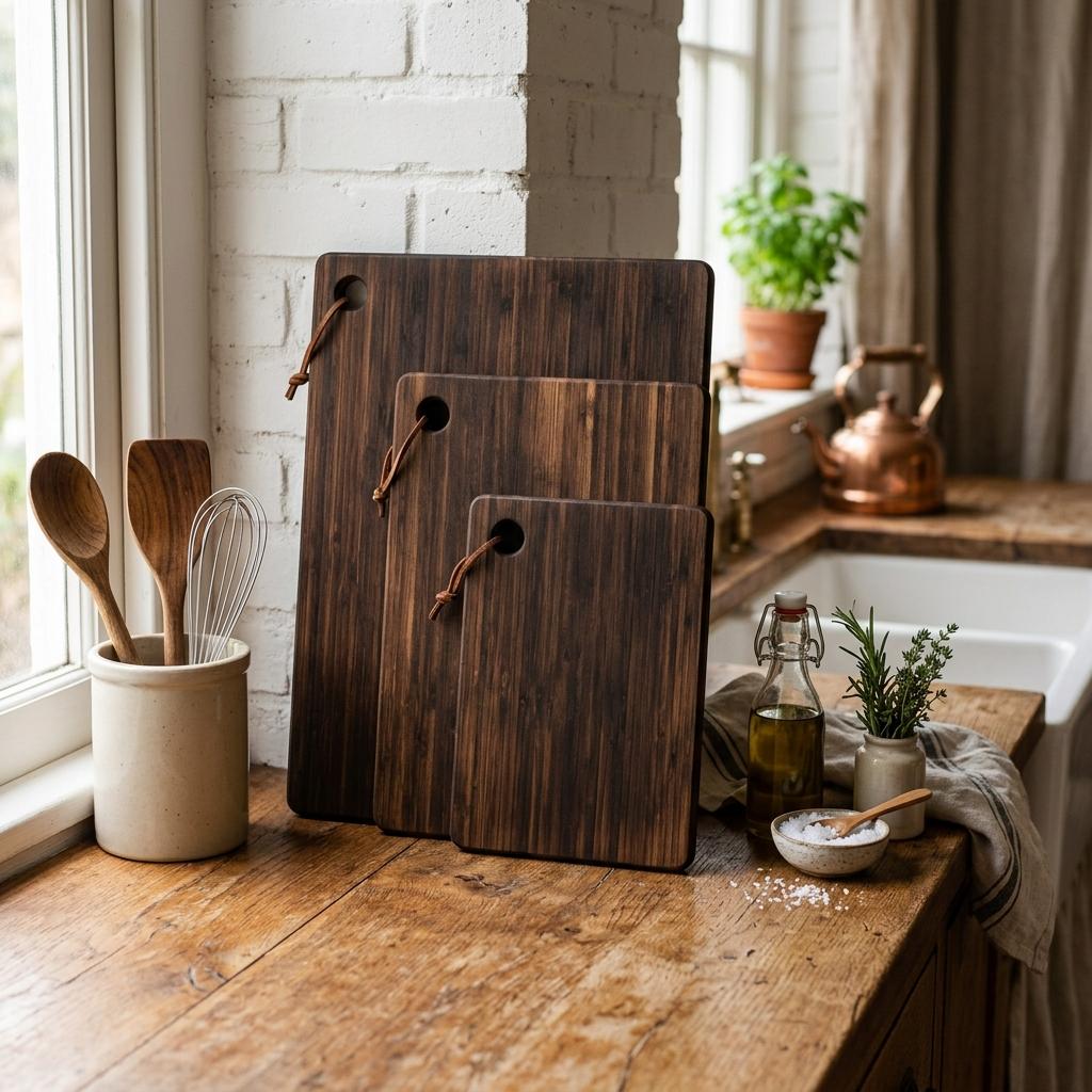 Three-piece deep-carbonized bamboo cutting board set displayed on a warm wooden kitchen counter with soft natural light, rustic neutral kitchen decor mood.