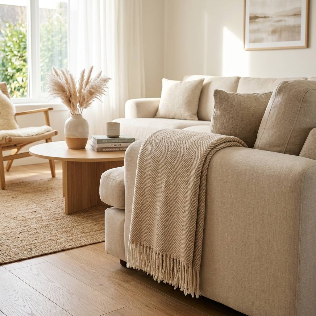 Beige herringbone throw blanket draped casually over the arm of a neutral linen sofa in a bright Nordic-style living room with warm natural light
