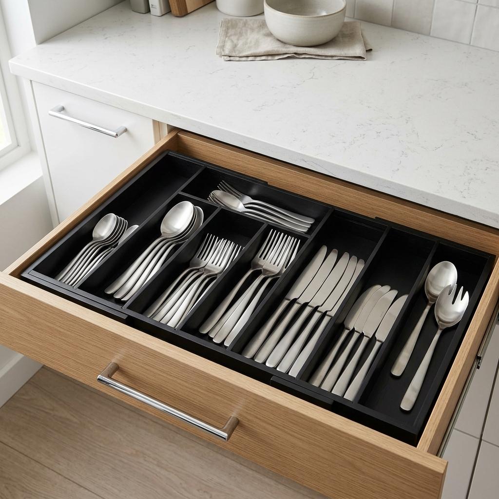Extra-large black expandable flatware organizer neatly arranged in a kitchen drawer with sorted spoons, forks, and knives in a modern minimalist kitchen setting.