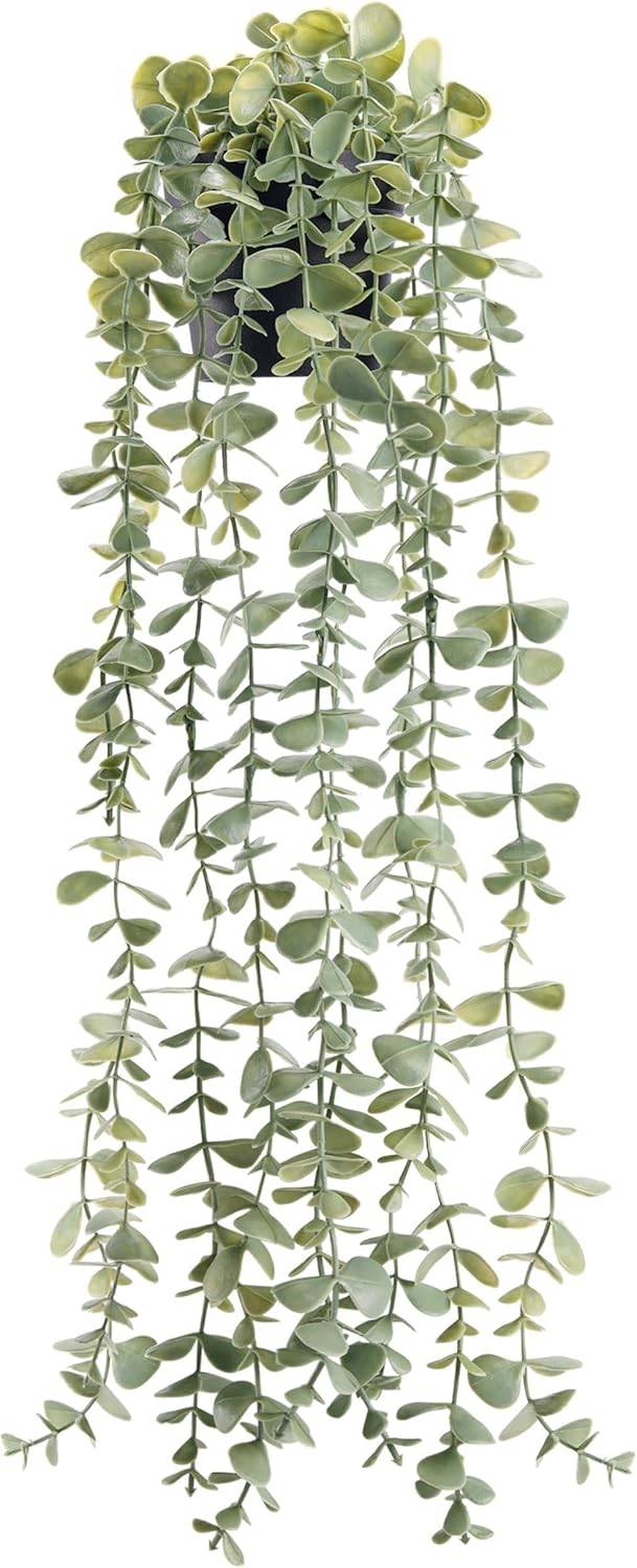 Hanging faux eucalyptus plant with trailing sage green leaves in a small black pot on a clean white background, ideal for boho faux eucalyptus bathroom shelf decor