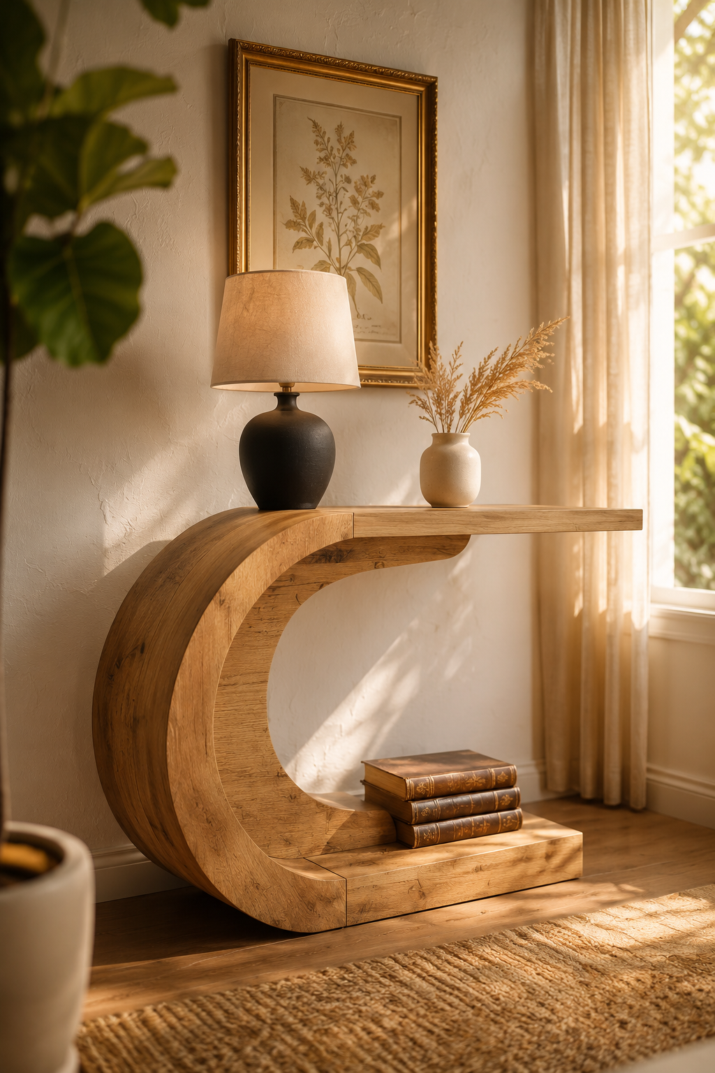 Modern C-shaped console table in warm natural wood with sculptural curved design, styled in soft-lit entryway with black table lamp, ceramic vase, and decorative books on lower shelf