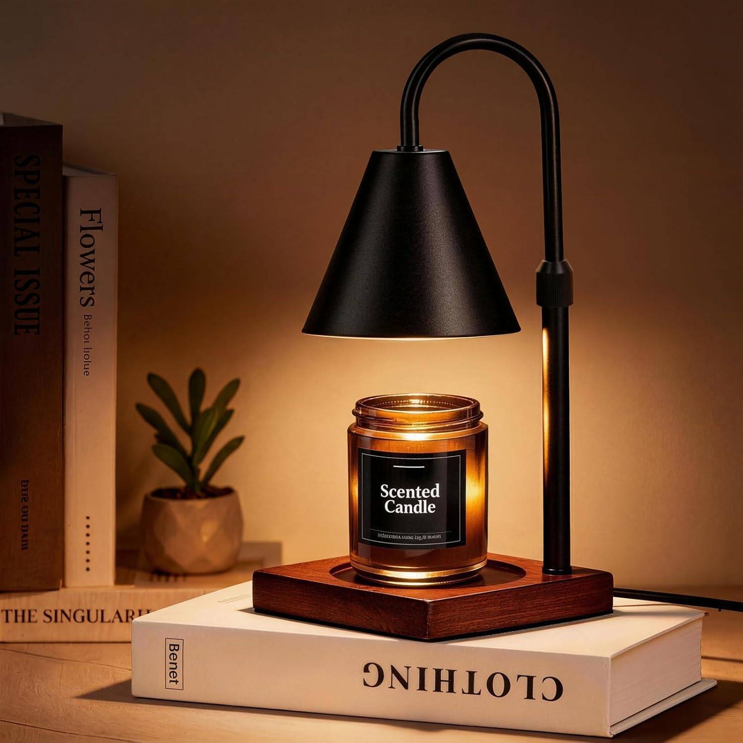 Black candle warmer lamp glowing over an amber jar candle on stacked books with a small plant, warm neutral wall, and cozy modern living room mood