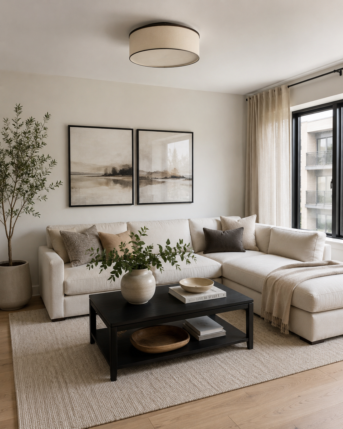 Warm-toned living room with deep linen sofa in afternoon light for sofas that survive a real living room
