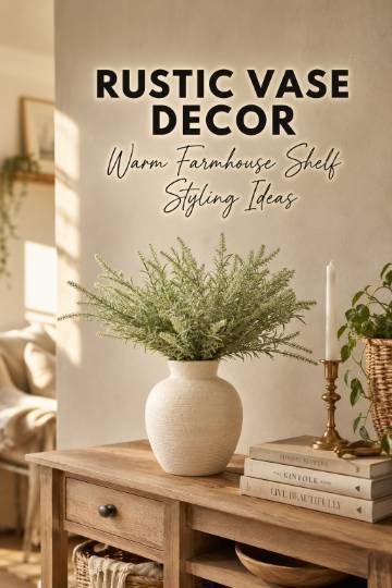 A rustic farmhouse ceramic flower vase on a wooden table, styled with dried neutral florals.
