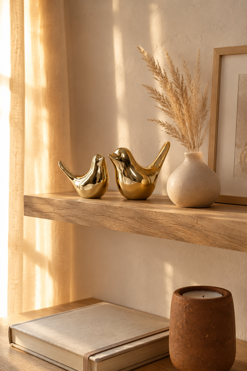 Two polished gold bird figurines with curved tails on a white background, modern minimalist decorative ornaments for home styling
