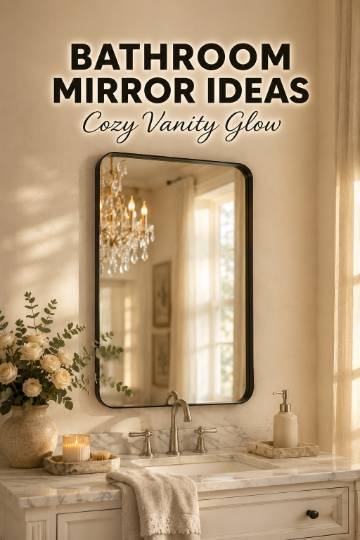 Matte black rounded rectangle bathroom mirror above a white vanity with marble wall tile, cream roses, soft golden light, and warm modern bathroom decor.