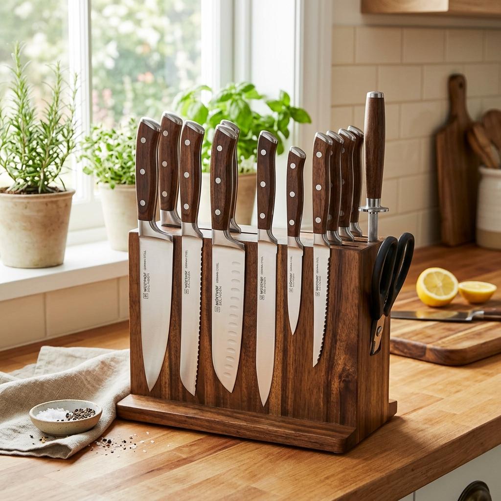 A 15-piece German stainless steel knife set with wooden block and sharpener displayed on a warm neutral kitchen countertop with soft natural window light.