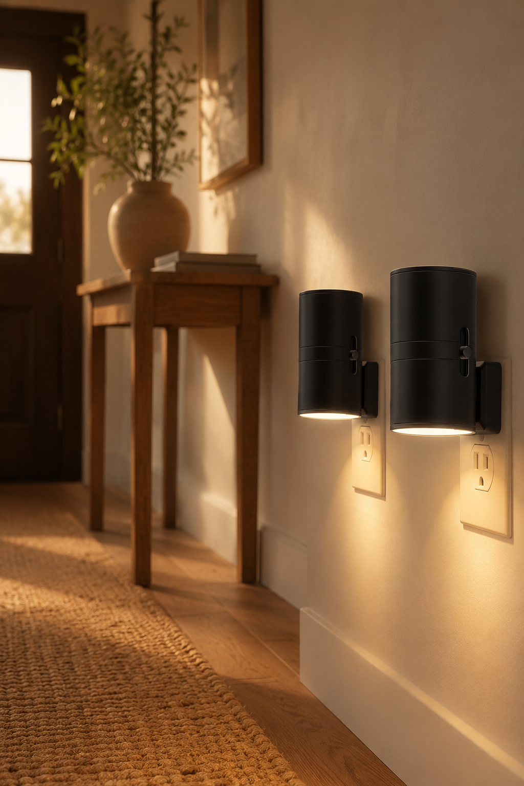 Warm white cozy plug in night light glowing beside a ribbed ceramic planter on a shelf, creating ambient wall lighting in a neutral hallway.