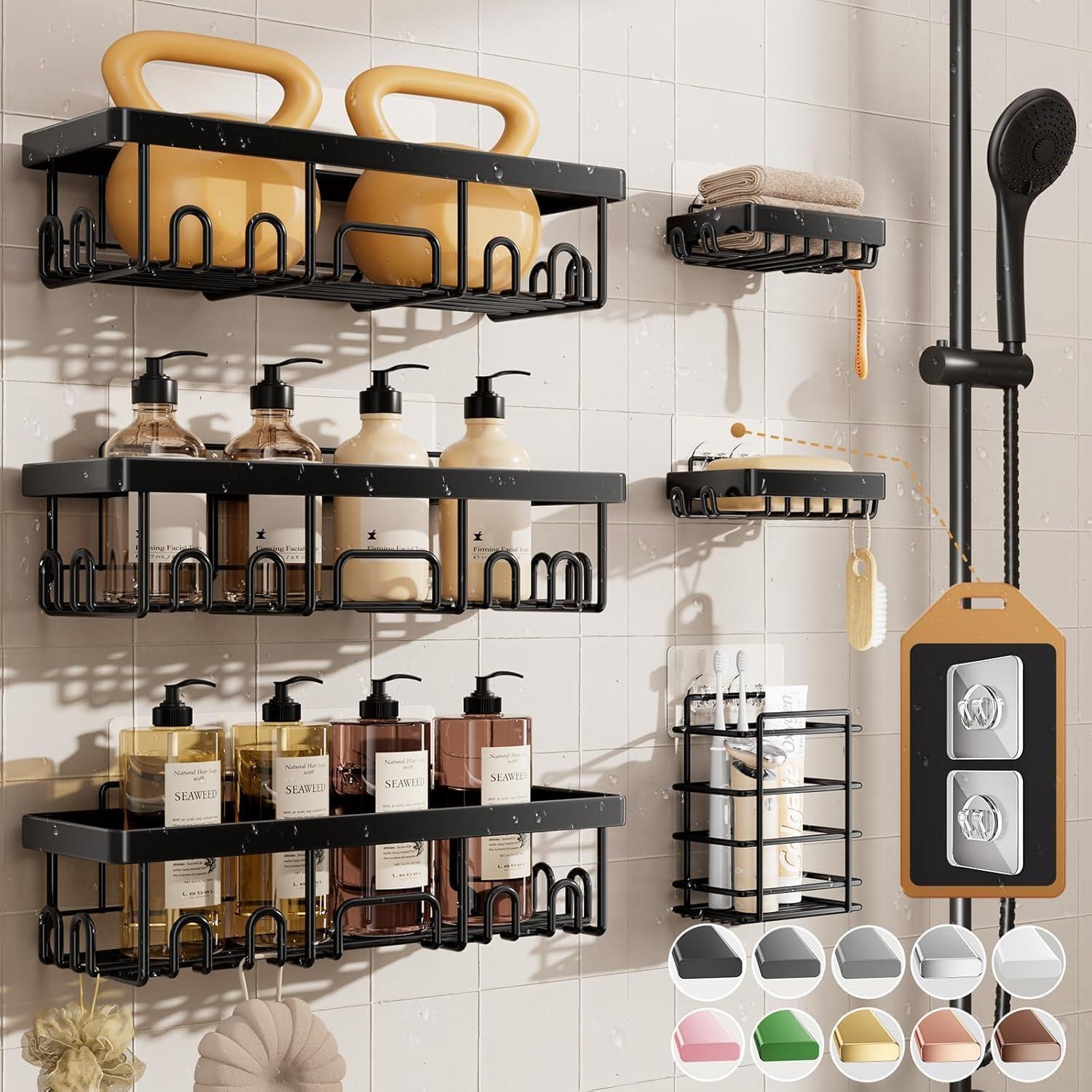 Matte black shower caddy shelves on cream tile holding shampoo, soap, washcloths, and bath essentials in a bright, organized small bathroom.