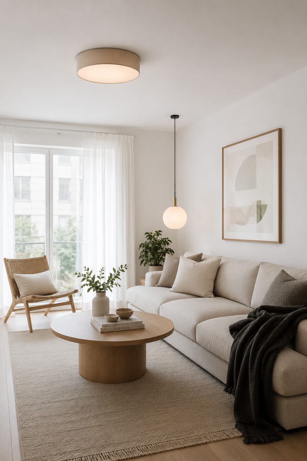Scandinavian compact living room with linen sofa and minimal decor