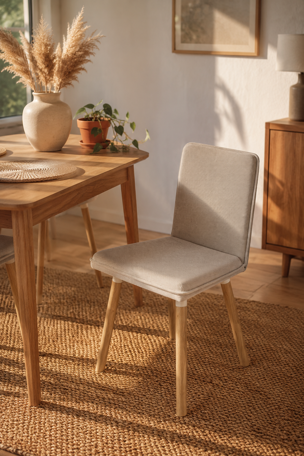 Neutral beige upholstered dining chair with natural oak legs in Scandinavian minimalist style, featuring soft fabric cushioning and clean modern lines on white background for Scandinavian dining chair