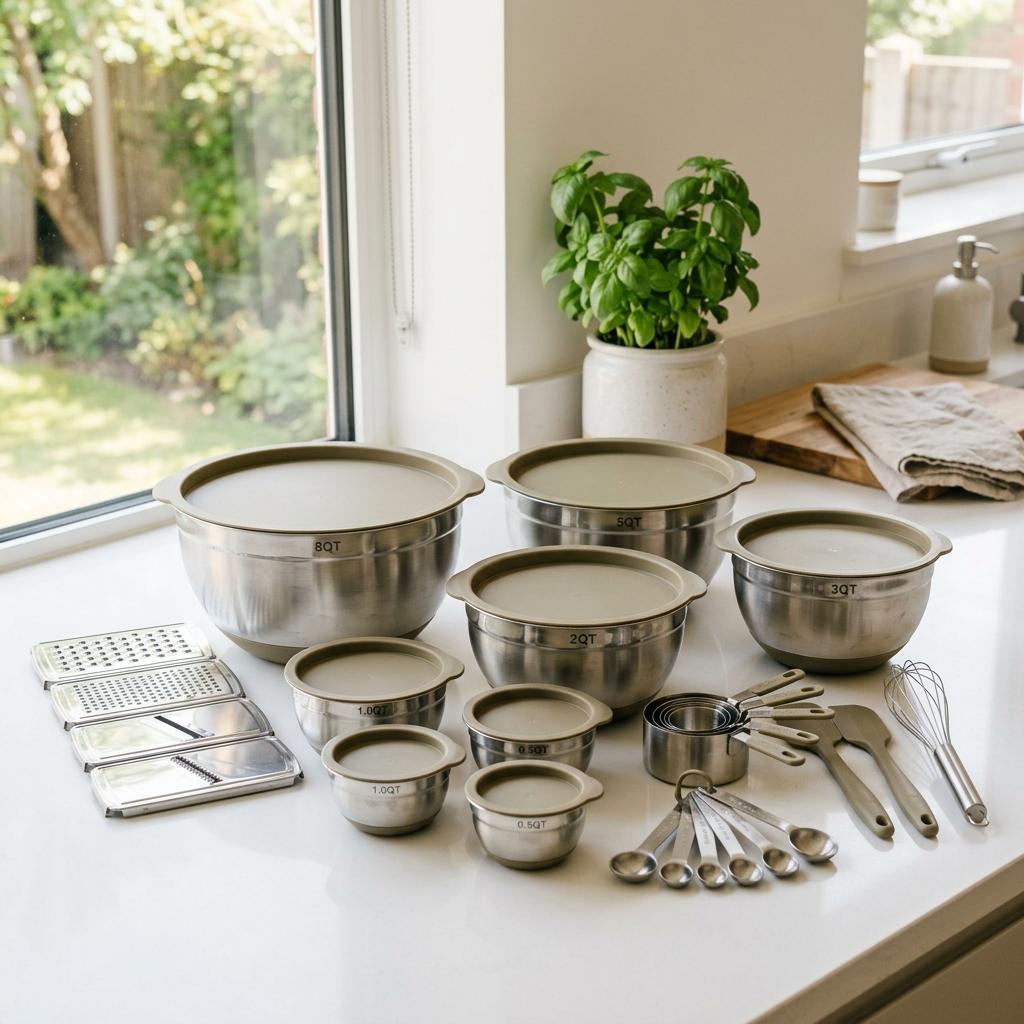26-piece stainless steel khaki mixing bowl set with airtight lids and grater attachments arranged on a bright, minimal kitchen countertop with warm natural light.