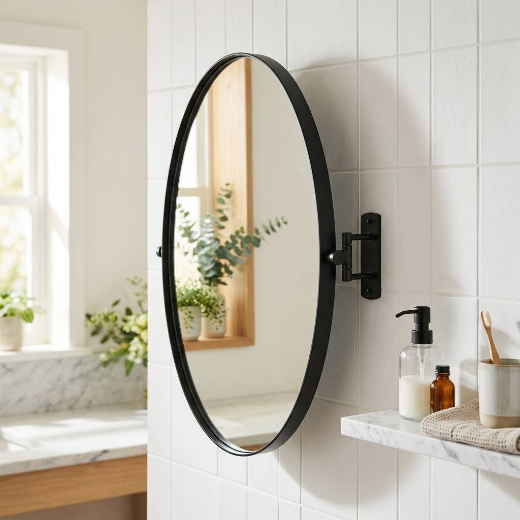 Black metal-framed oval swivel wall mirror mounted on white tile beside a marble shelf with toiletries in a modern minimalist bathroom