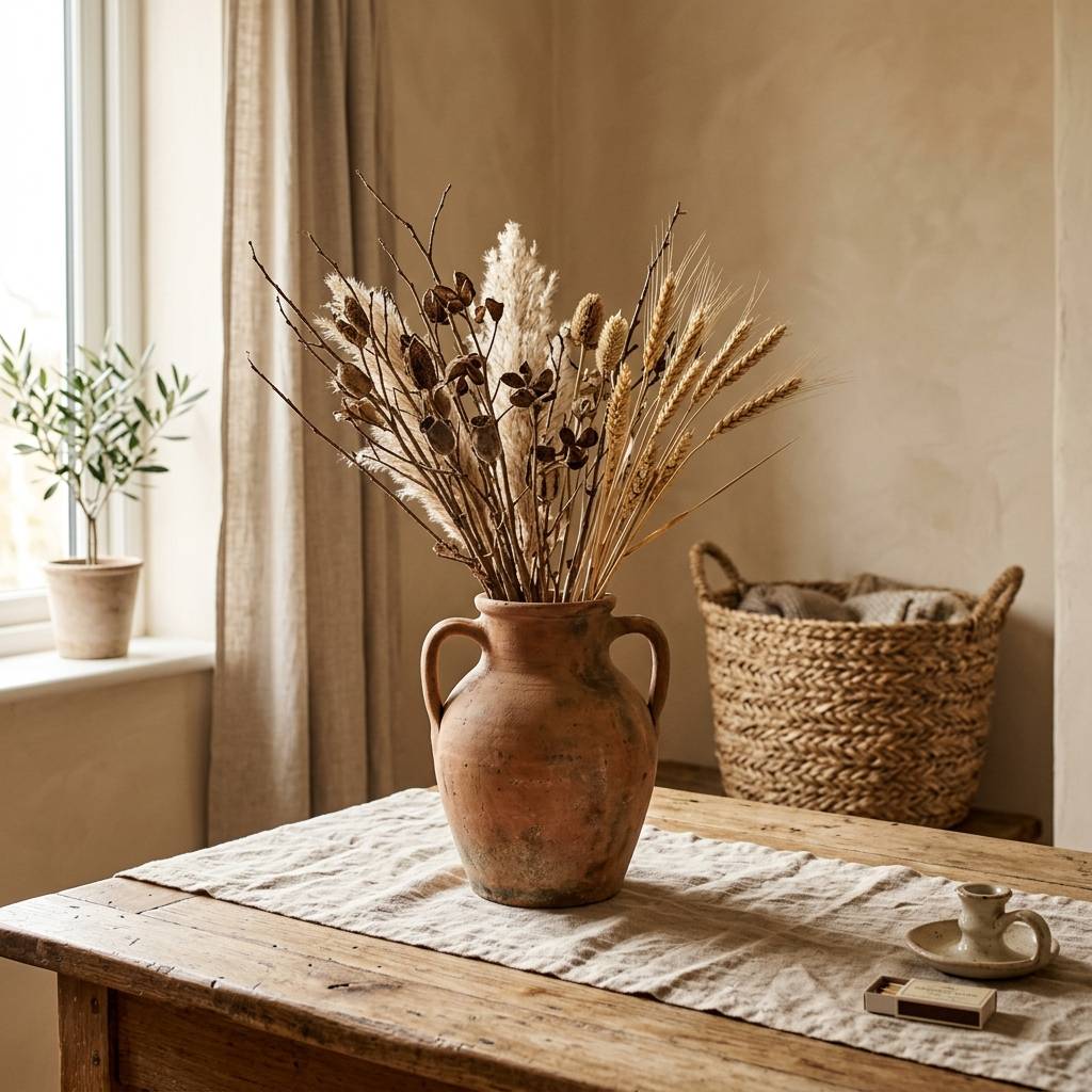 Rustic terracotta handled vase with dried branches and wheat stems on a natural wood surface with a linen runner, warm neutral farmhouse mood