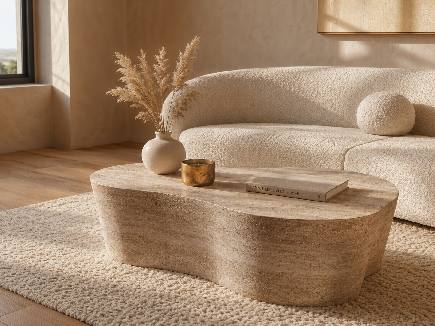 Organic-shaped faux travertine coffee table styled in a warm sun-drenched living room with a cream boucle sofa and dried florals in a ceramic vase during golden hour