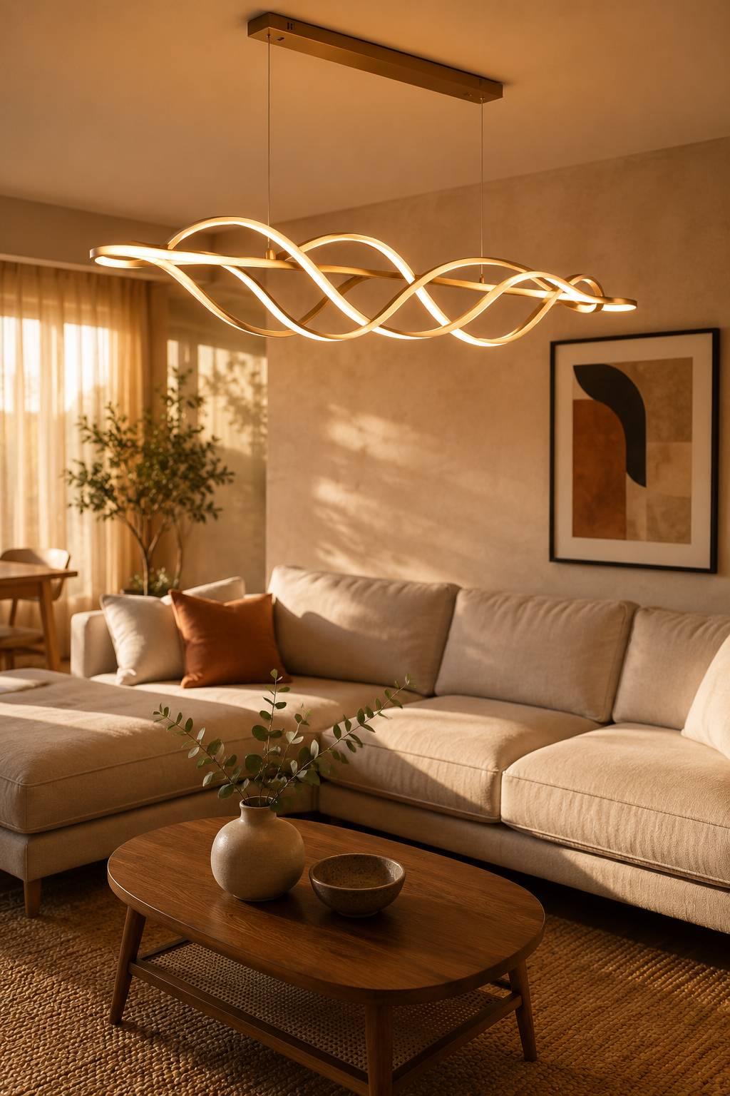 Modern twisted spiral LED chandelier in warm golden light hanging above beige sectional sofa in cozy minimalist living room with natural textures and golden hour ambiance for modern twisted chandelier