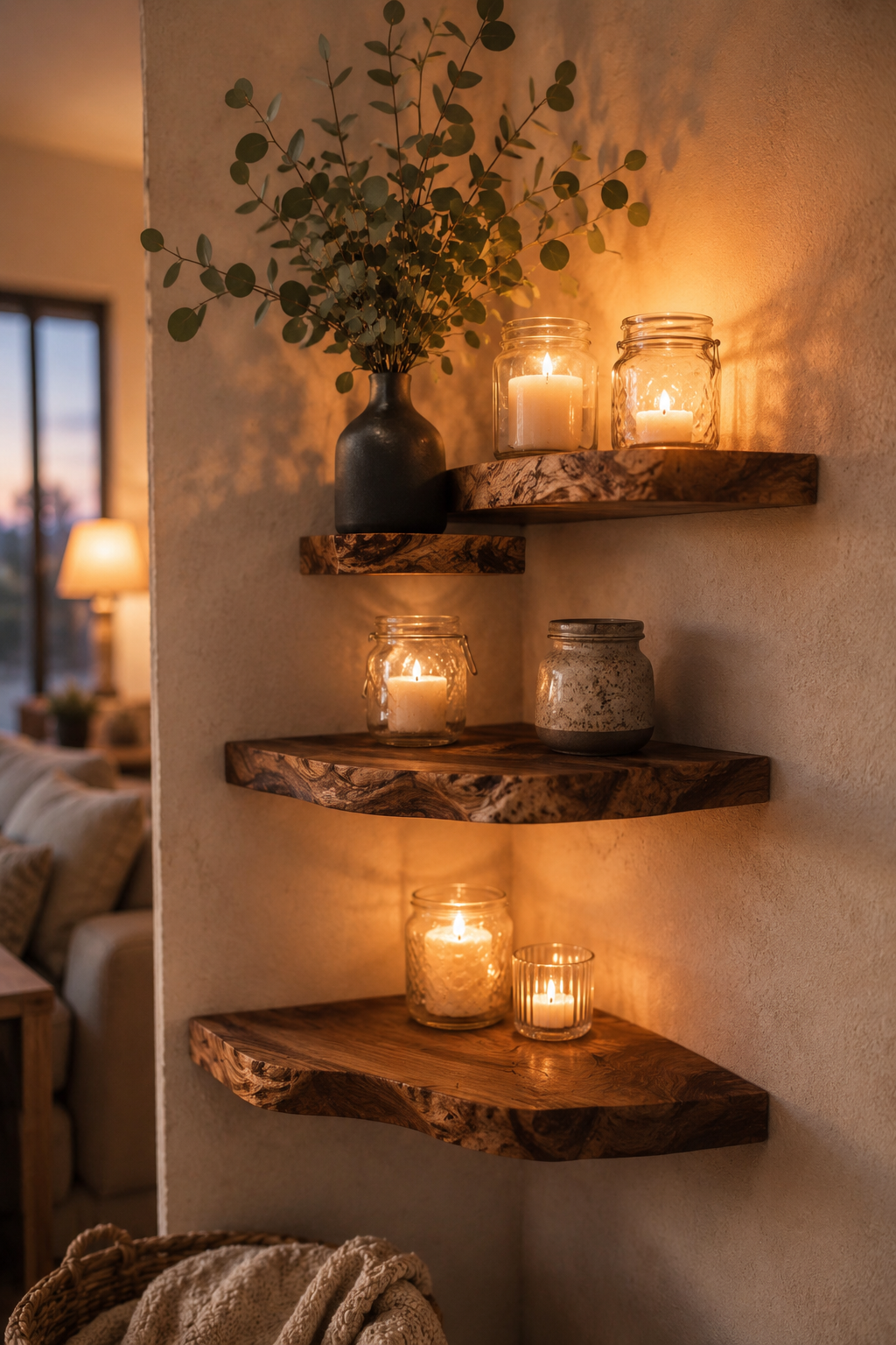 Three-tier live edge walnut wood corner floating shelves styled with glowing candles in glass jars and a ceramic vase with eucalyptus branches against a warm neutral wall with soft ambient lighting for walnut live edge corner shelf