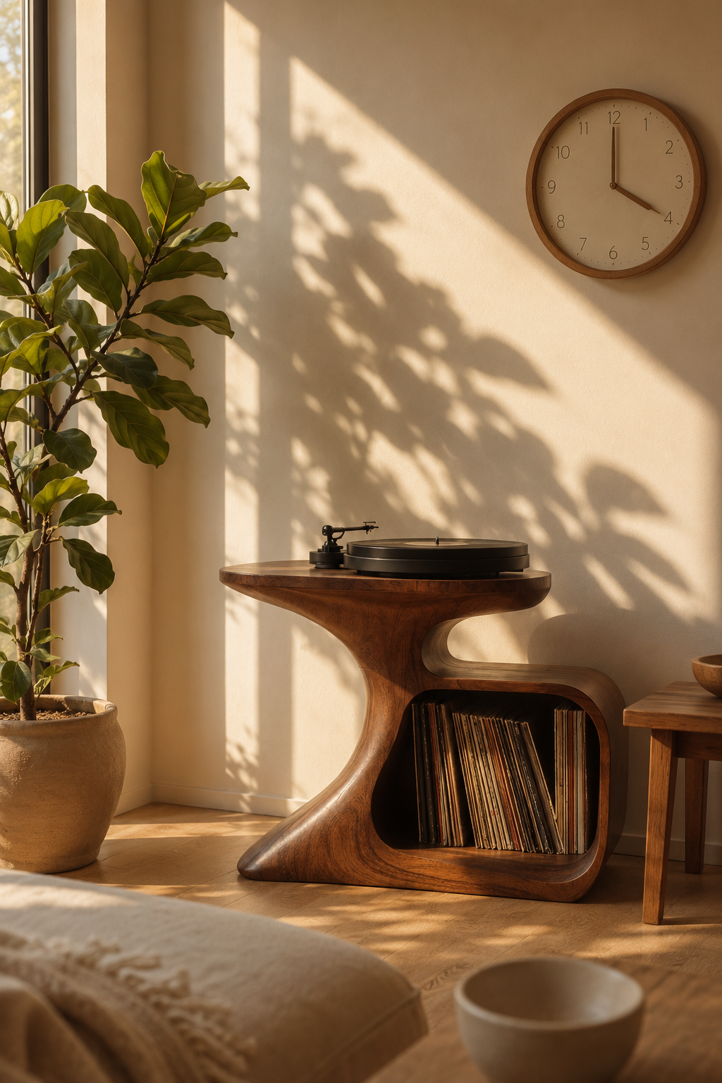 Curved walnut wood record player stand with vinyl storage compartment below, turntable on top, in a minimalist living room with golden hour sunlight and fiddle leaf fig plant for walnut record player stand