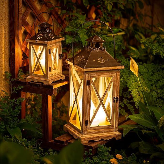 Vintage distressed wooden decorative lanterns glowing warmly in a cozy outdoor garden setting