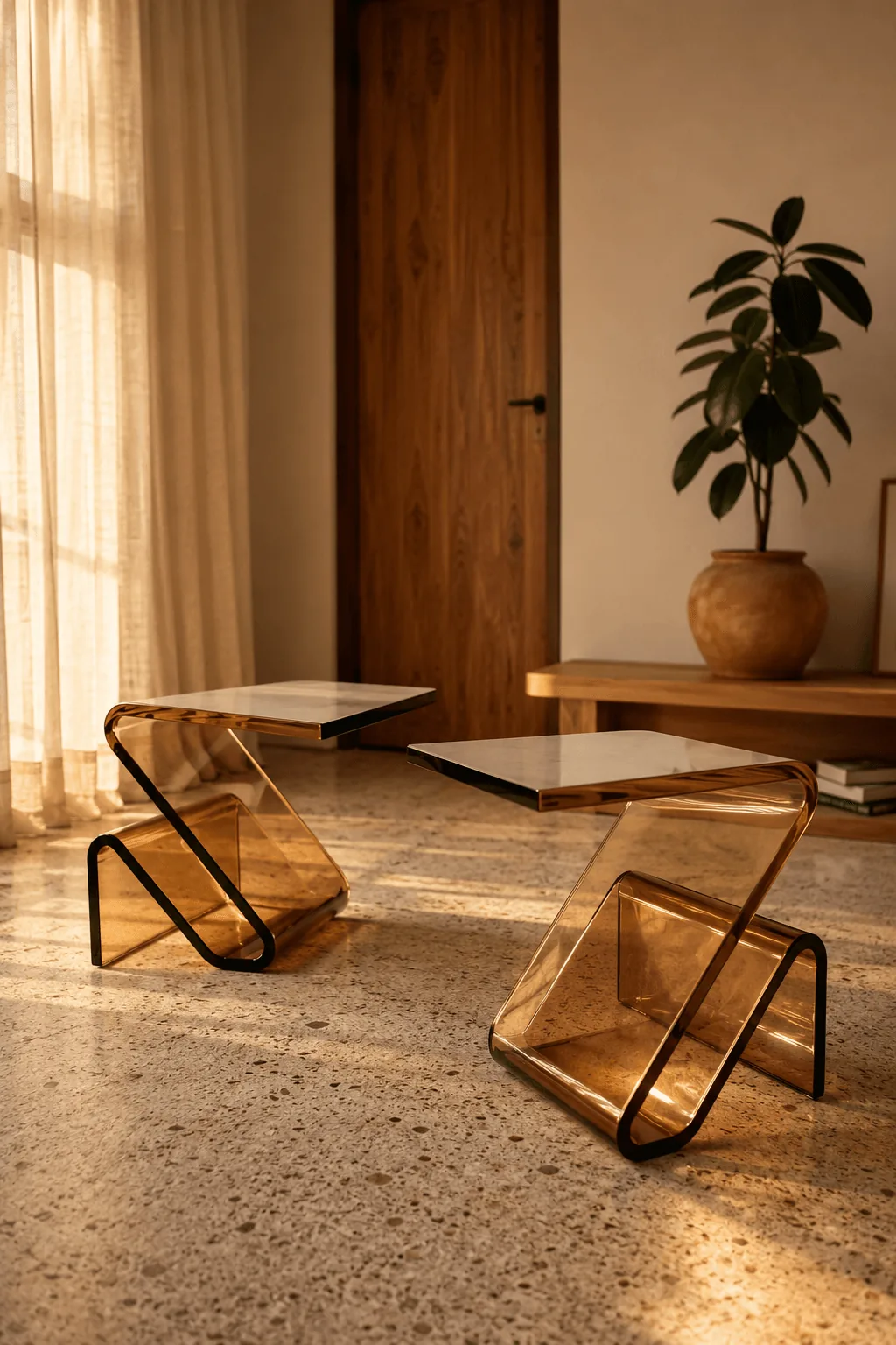 Two sculptural amber acrylic side tables with curved geometric designs in a modern minimalist living room with terrazzo flooring, natural wood door, white walls, and soft natural light from window