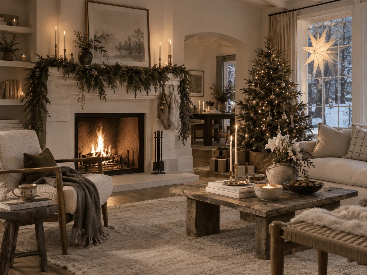 Cozy small apartment living room decorated for Christmas with a tabletop potted spruce tree in ceramic crock, hanging paper star lantern, and draped sofa throw