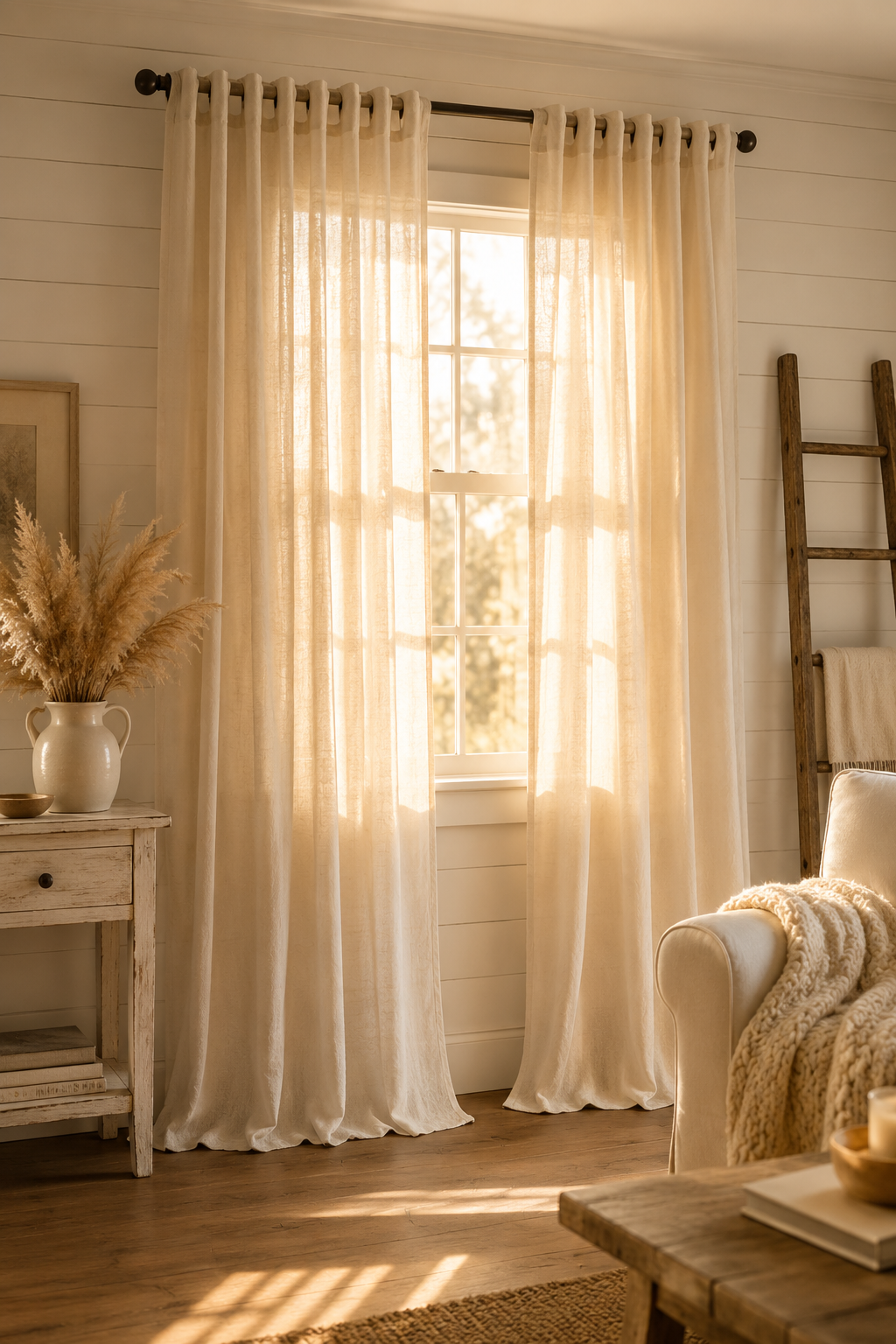 Cream Linen Back Tab Curtains, 84 Inch