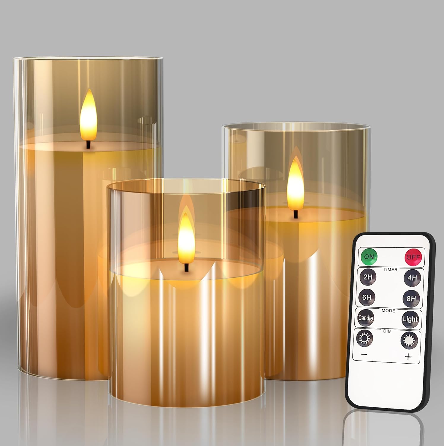 Flameless Glass Candles with Remote | Warm Gold Home Decor