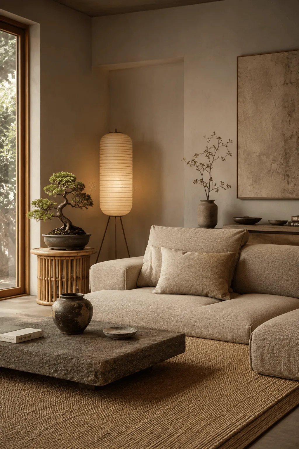 Small Japandi living room with low-profile beige sofa, bamboo side table, and warm natural daylight showing small living room ideas