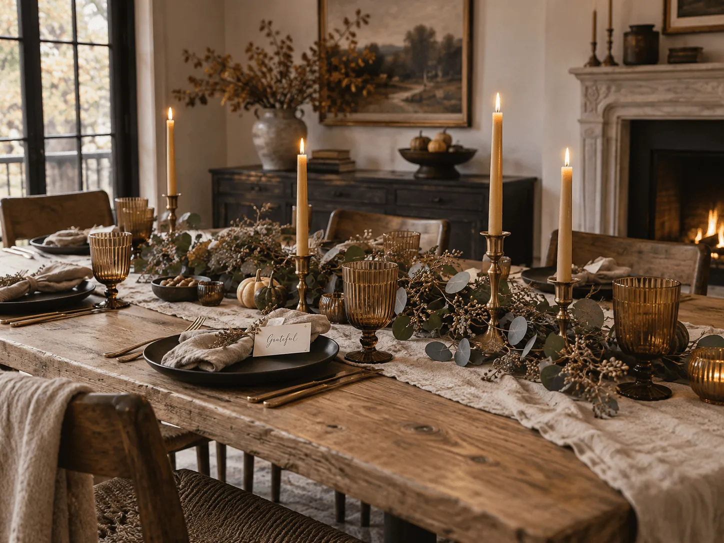 Close-up of an elegant Thanksgiving place setting with raw-edge cream linen napkin, matte black flatware, speckled stoneware salad plate, and sprig of fresh rosemary tied with velvet ribbon